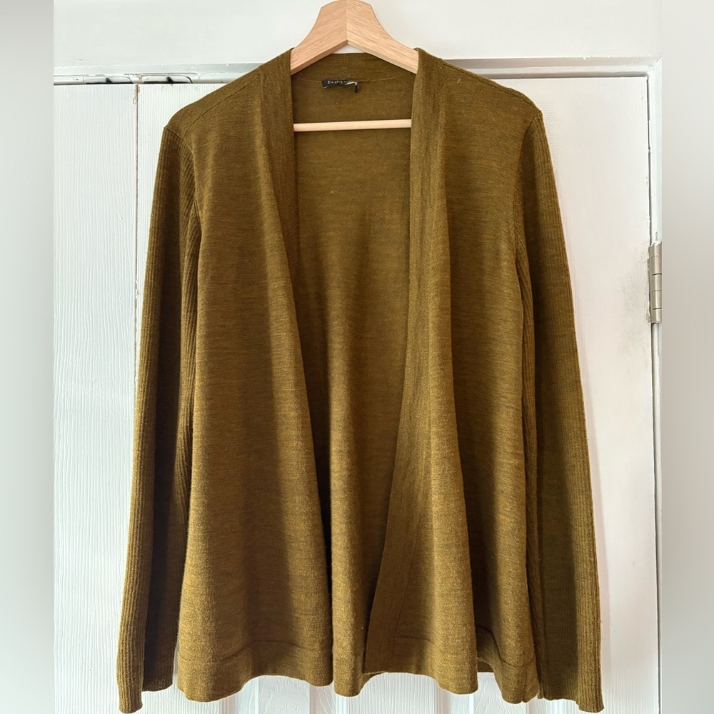 Eileen Fischer Merino Wool Cardigan Green Brown Size Large Some Wear